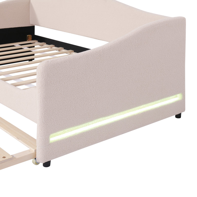 Lit de jour moderne à rayures en relief avec lit gigogne simple, cadre de lit à lumière DEL App Control, matelas de lit d'invité peu encombrant non inclus - beige