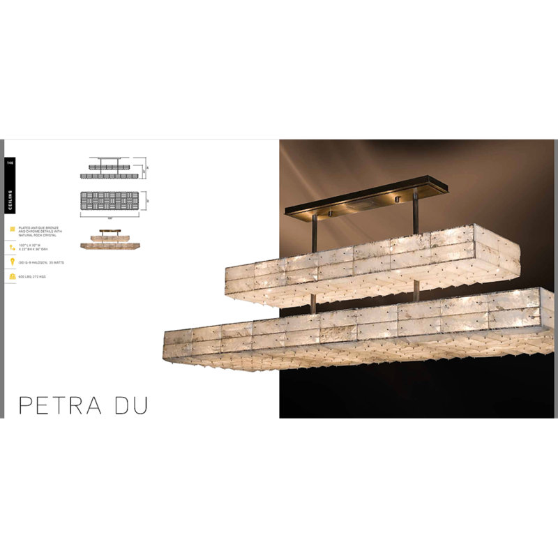 Lustre rectangulaire en cristal clair en acier inoxydable blanc Petra du Rock, Transparent / ambre, Bronze antique