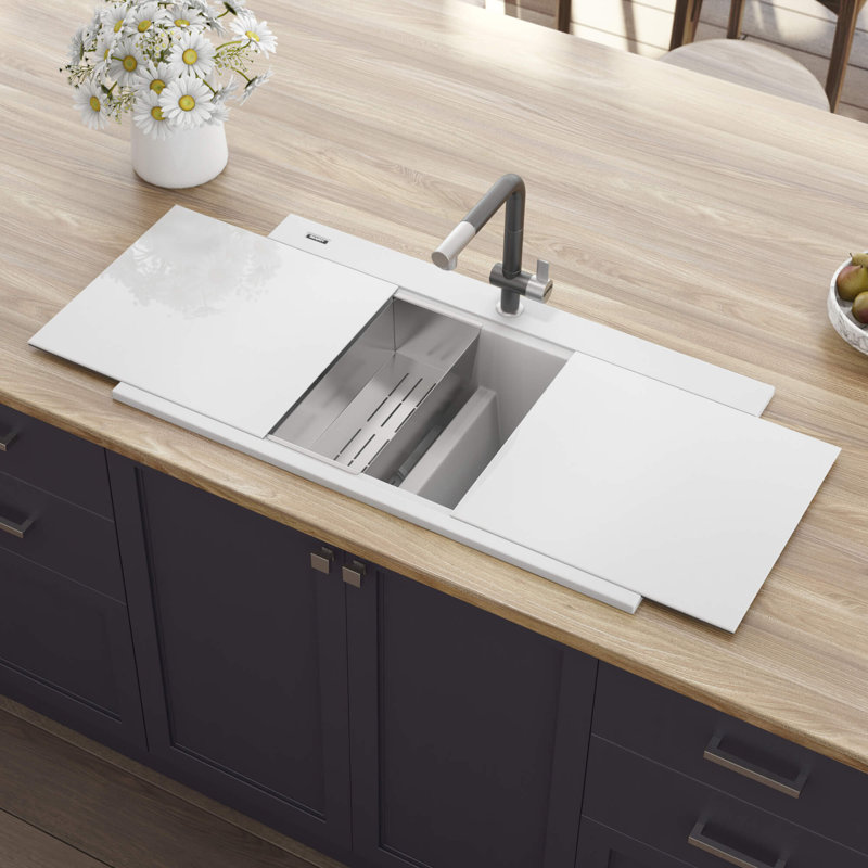 Ruvati 34 inch epiGranite Drop-in Topmount Workstation Ledge Granite Composite Quartz Kitchen Sink - Arctic White Matte -