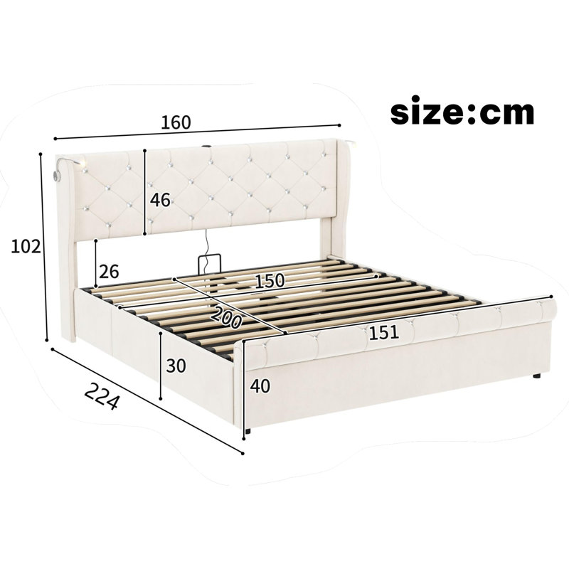 Upholstered Ottoman Storage Bed, Beige, Kingsize (5')