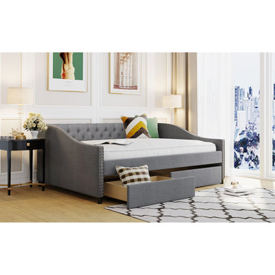 Upholstered Daybed With Two Drawers, Gray, Structure Build Base