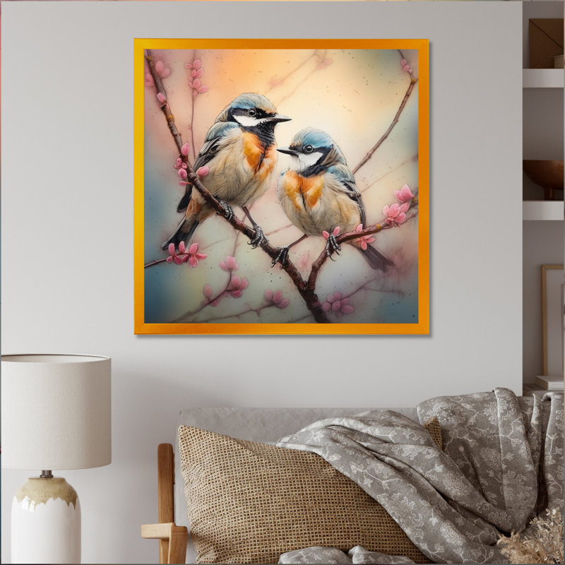 Deux oiseaux bleus sur un arbre en fleurs II - Art mural floral pour salon, H 36 po x l 36 po, Cadre doré