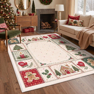 Candle & Mitten Blocks Christmas Patchwork Ivory / Green Low-Pile Washable Area Rug for Dining Room