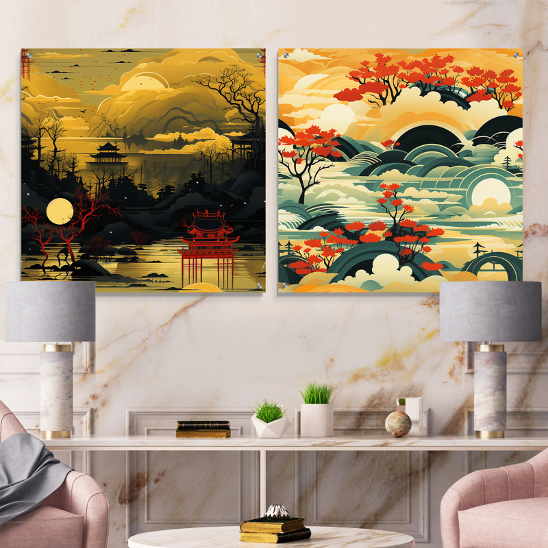 Porte de torii jaune, motif japonais - ensemble d'acryliques sur verre japonais, ensemble de 2, H 30 po x l 61 po