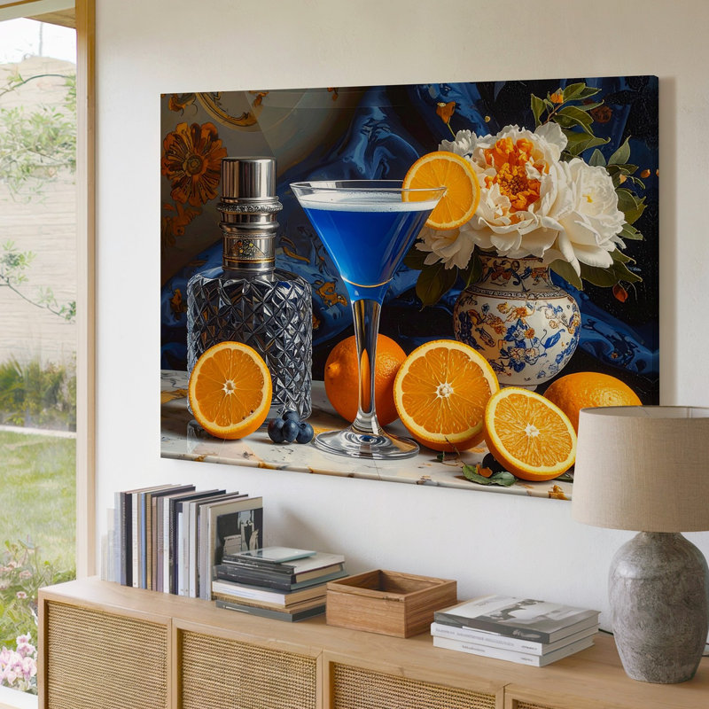 Toile, art baroque, nature morte, cocktail, fruits et fleurs, H 9 po x l 12 po