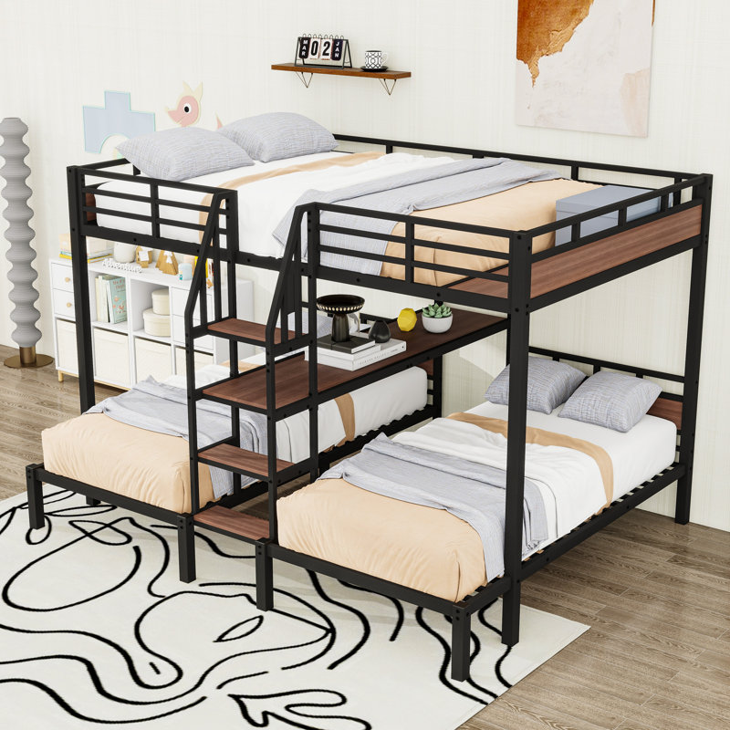 Metal Bunk Bed With Shelves And Slats, Queen over Twin and Twin