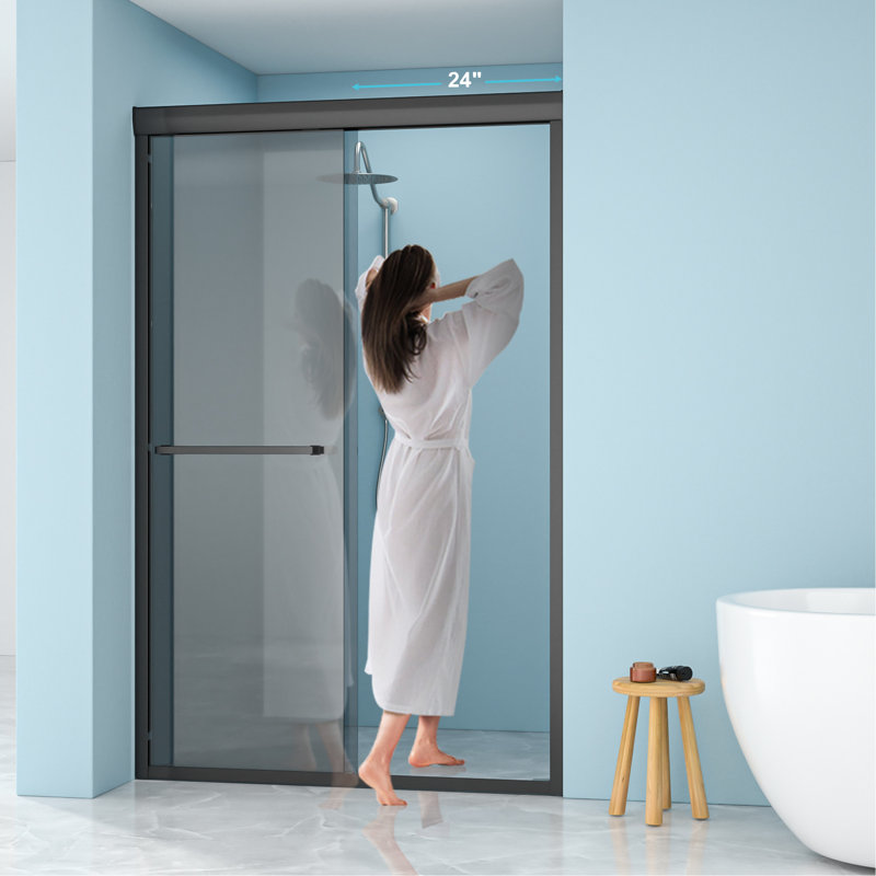 Porte de douche de 48 po, verre de 8 mm avec bordures lisses R10 et caractéristiques, cadre noir mat, coulissant réversible, joint étanche à l'eau, aucun outil spécialisé en verre stratifié gris coulissant, conception, hebdomadaire