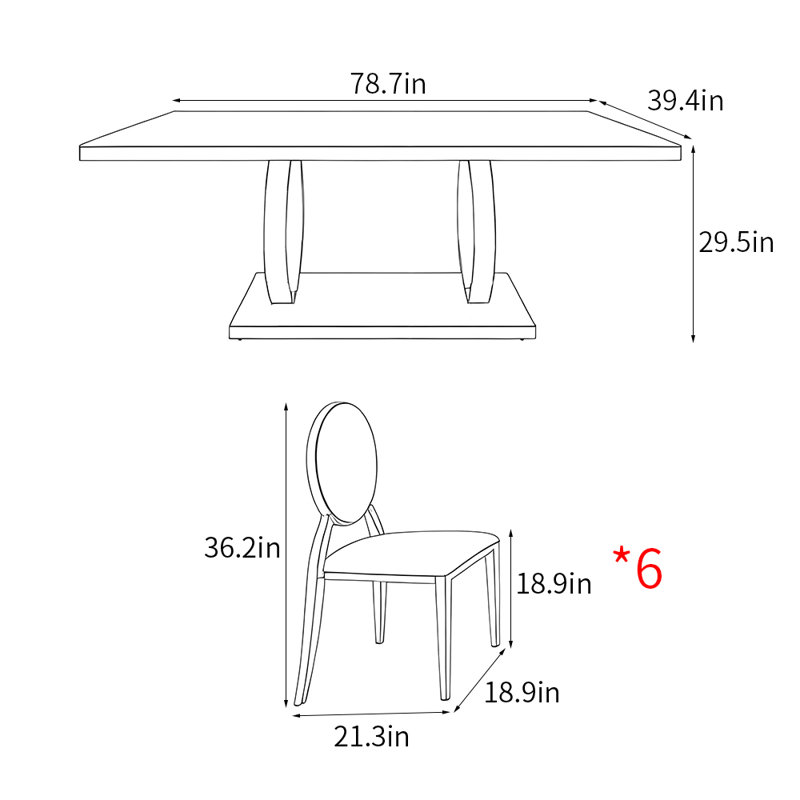 Light luxury rectangular home dining table sets, 29.5"H x 78.7"L x 39.4"W