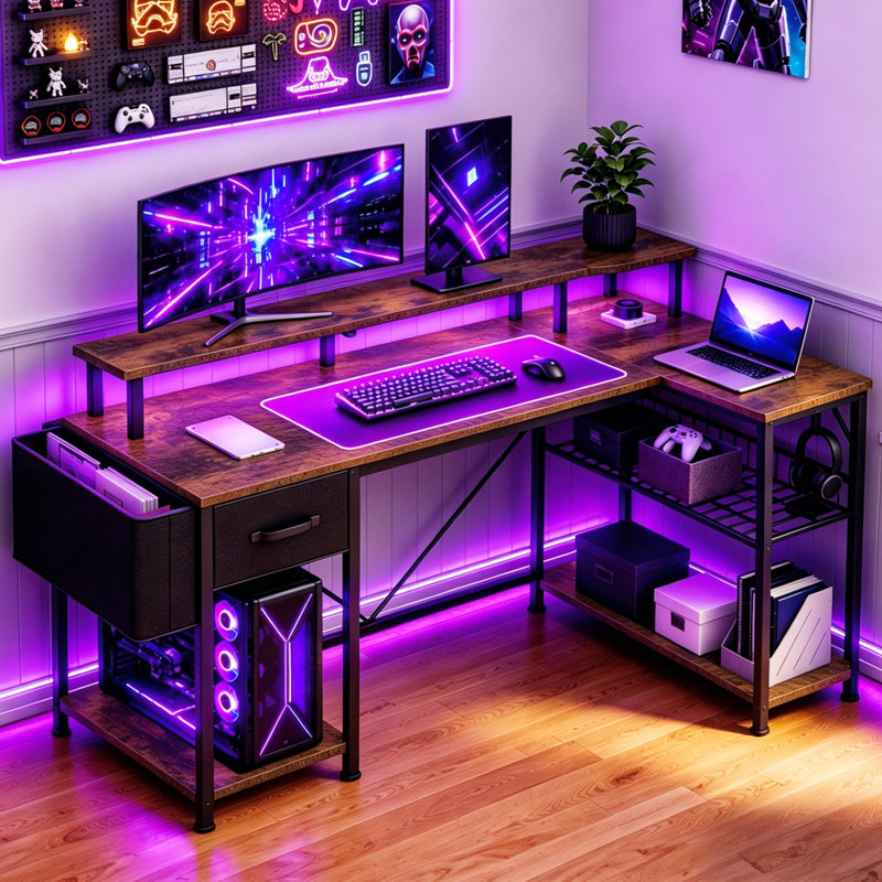 L-Shaped Metal Base Computer Desk with Power Outlet, Brown/Black, 92cm. H x 120cm. W x 50cm. D