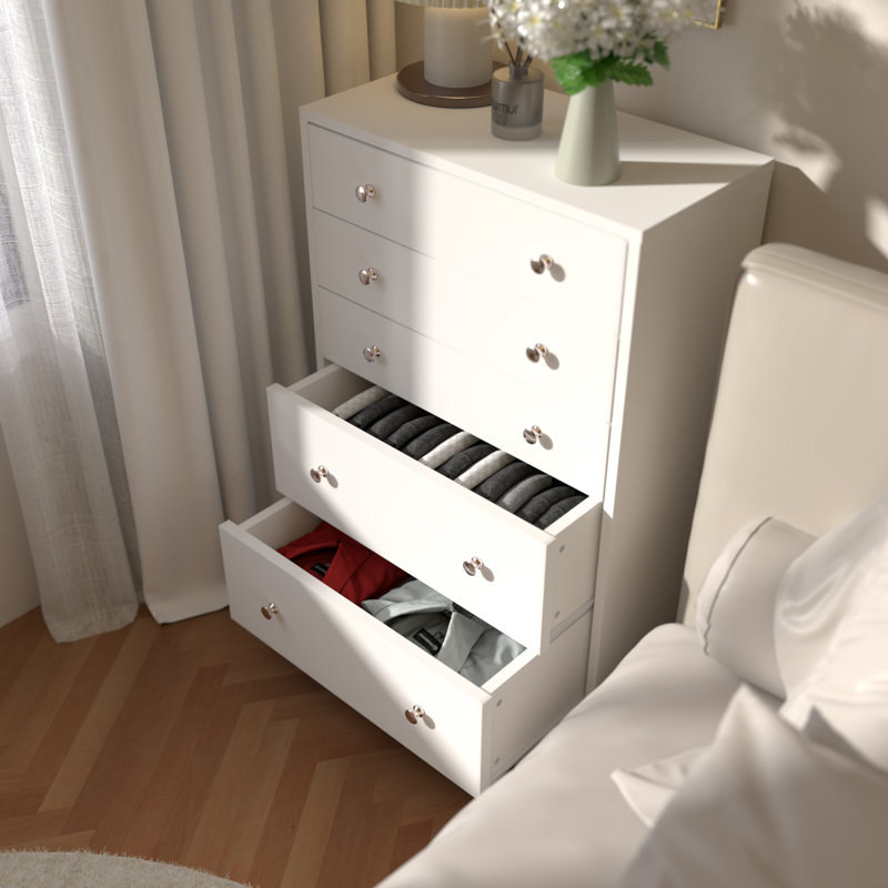 Commode 5 tiroirs Baez, Blanc