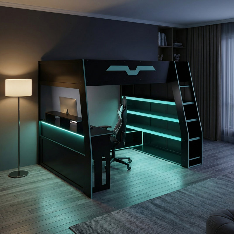 Lit mezzanine double en bois, Bleu