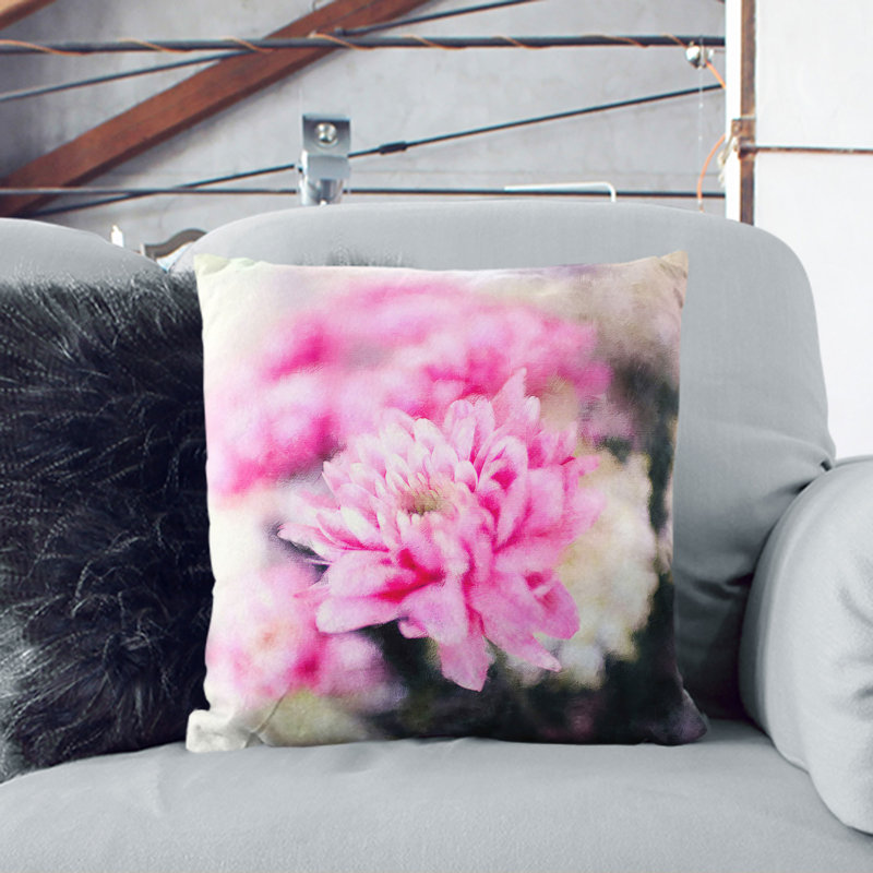 Pink And White Flowers Painting Square Throw Cushion, White, 40cm H x 40cm W x 15cm D