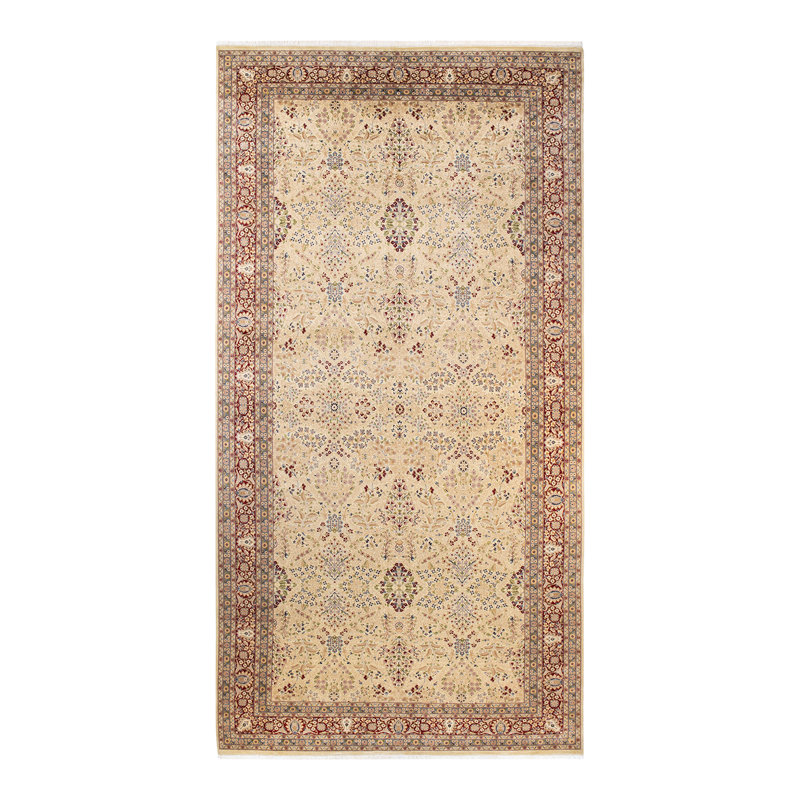Tapis ivoire en laine noué à la main de conception unique 8 pi 2 po x 16 pi 1 po Lieza Mogul