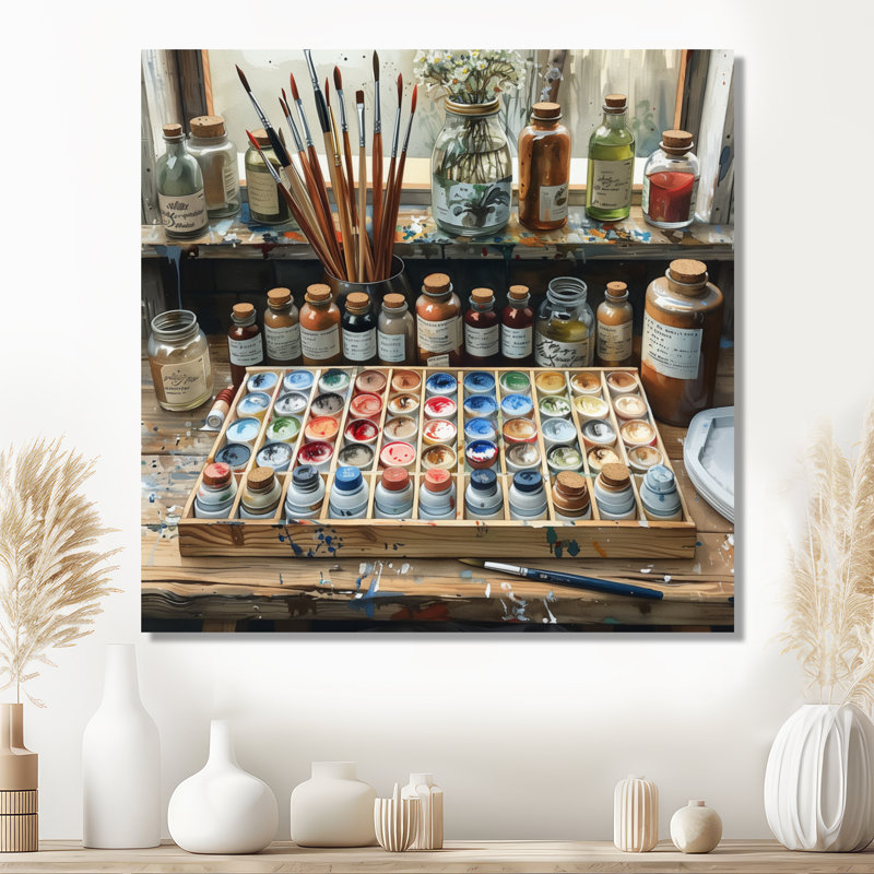 Pots de peinture orange et gris III - Boho Pottery Decor, Toile tendue, H 16 po x l 16 po