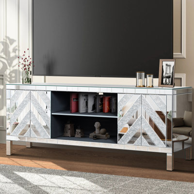Mirrored Tv Console For 65+ Inch Tvs, Sliver With 2 Cabinets & Open Storage, Classic Living Room Essential Console, Compatible Shelf,