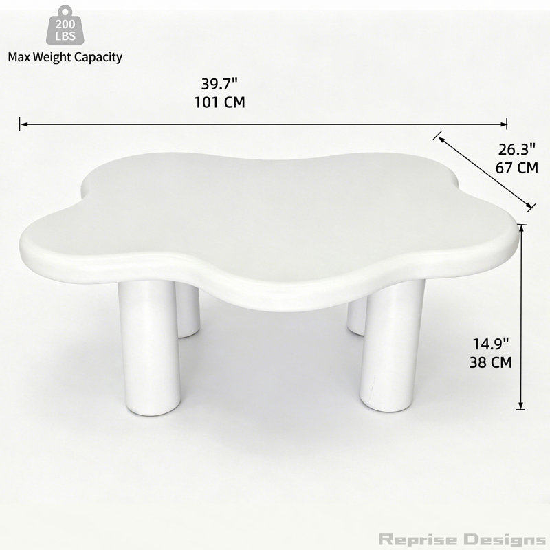 Table basse de 40 pouces en forme de nuage avec 4 pieds ronds, convenant aux salons, White