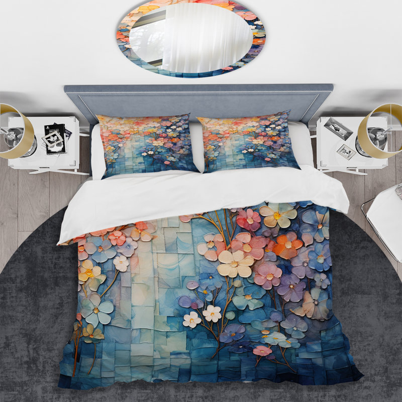 Ensemble de housse de couette à motif floral bleu, Japon, Housse de couette simple + 1 taie décorative stan