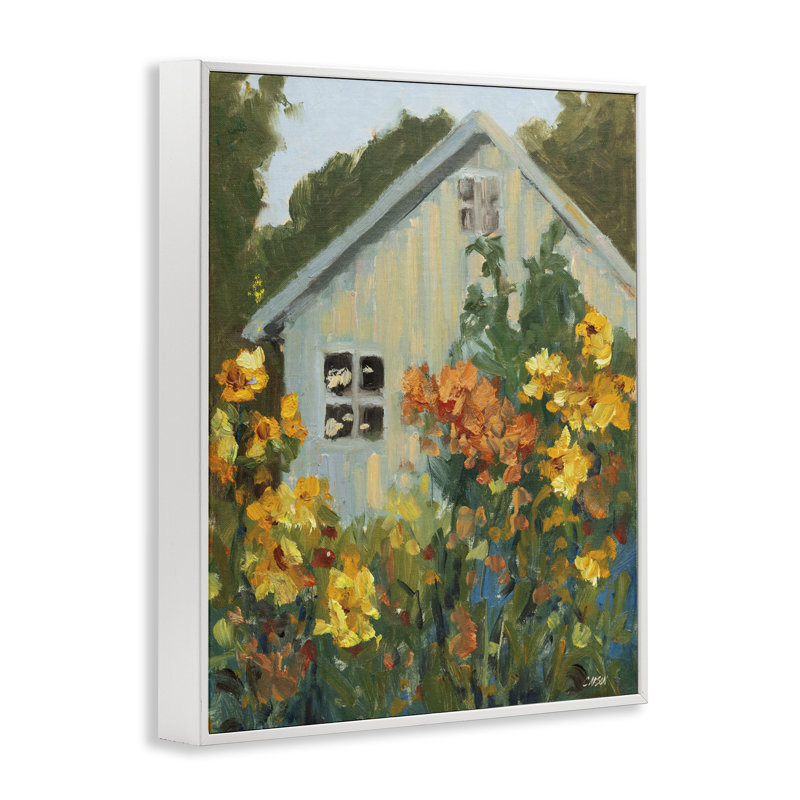 Sunlit Cottage Garden View, giclée encadrée, design par Carson, 20 x 16, Coastal White Giclee Framed