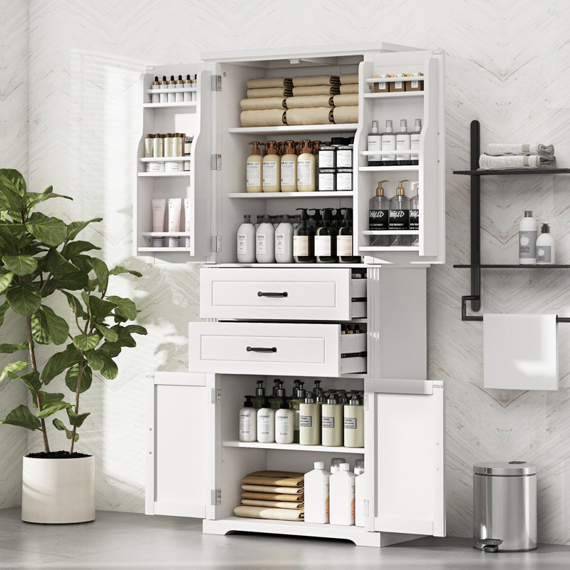Armoire de rangement avec espace de rangement multifonctionnel, portes avec tablettes de rangement, 2 tiroirs, tablette réglable