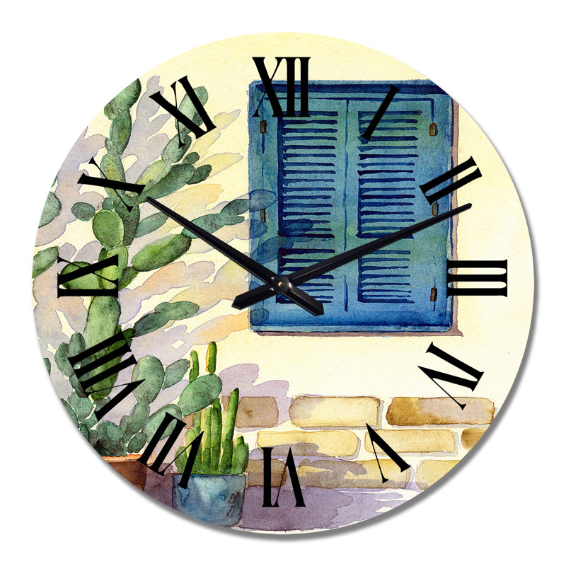 Façade de maison avec une fenêtre avec des volets turquoise - Horloge murale rétro, Grand