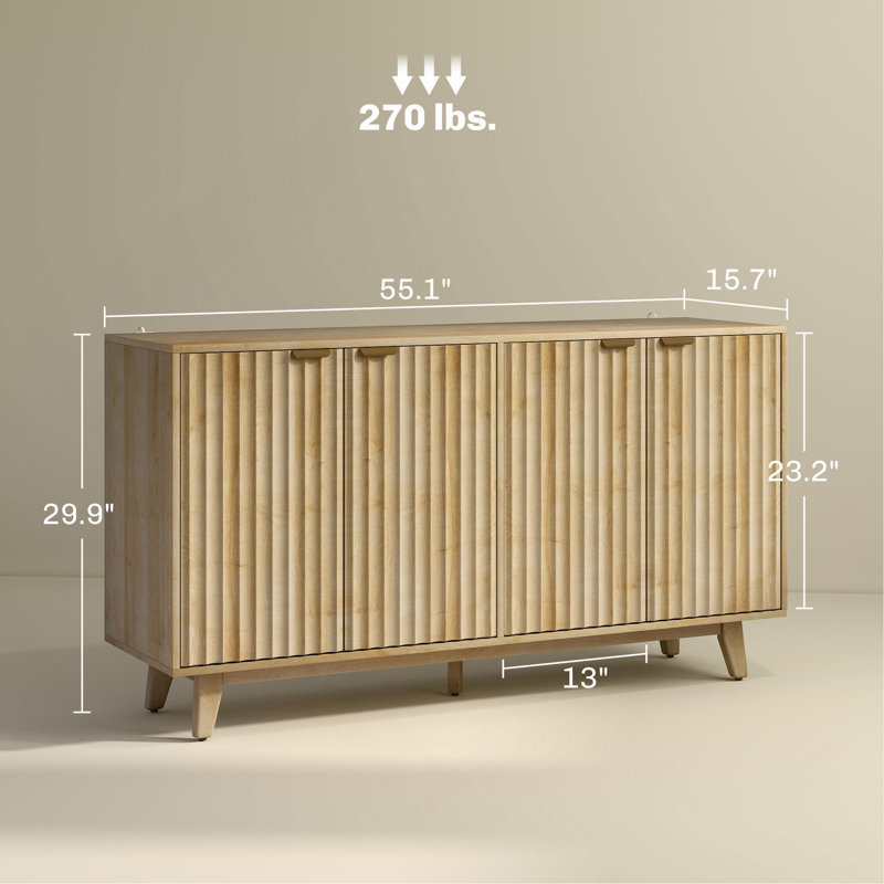 Commode pratique, armoire à buffet cannelée, avec portes, tablettes réglables, pieds en bois