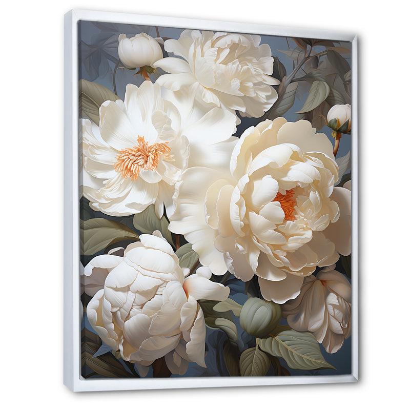 «Beige Fragrant Peony Bliss I» sur toile, H 40 po x l 30 po x P 1,5 po, Cadre flottant blanc