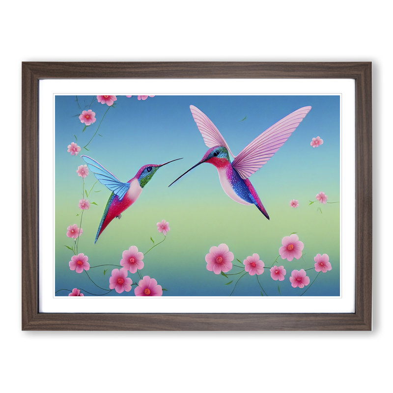 Illuminated Floral Hummingbirds - Single Picture Frame Print, 46cm H x 64cm W, Brown