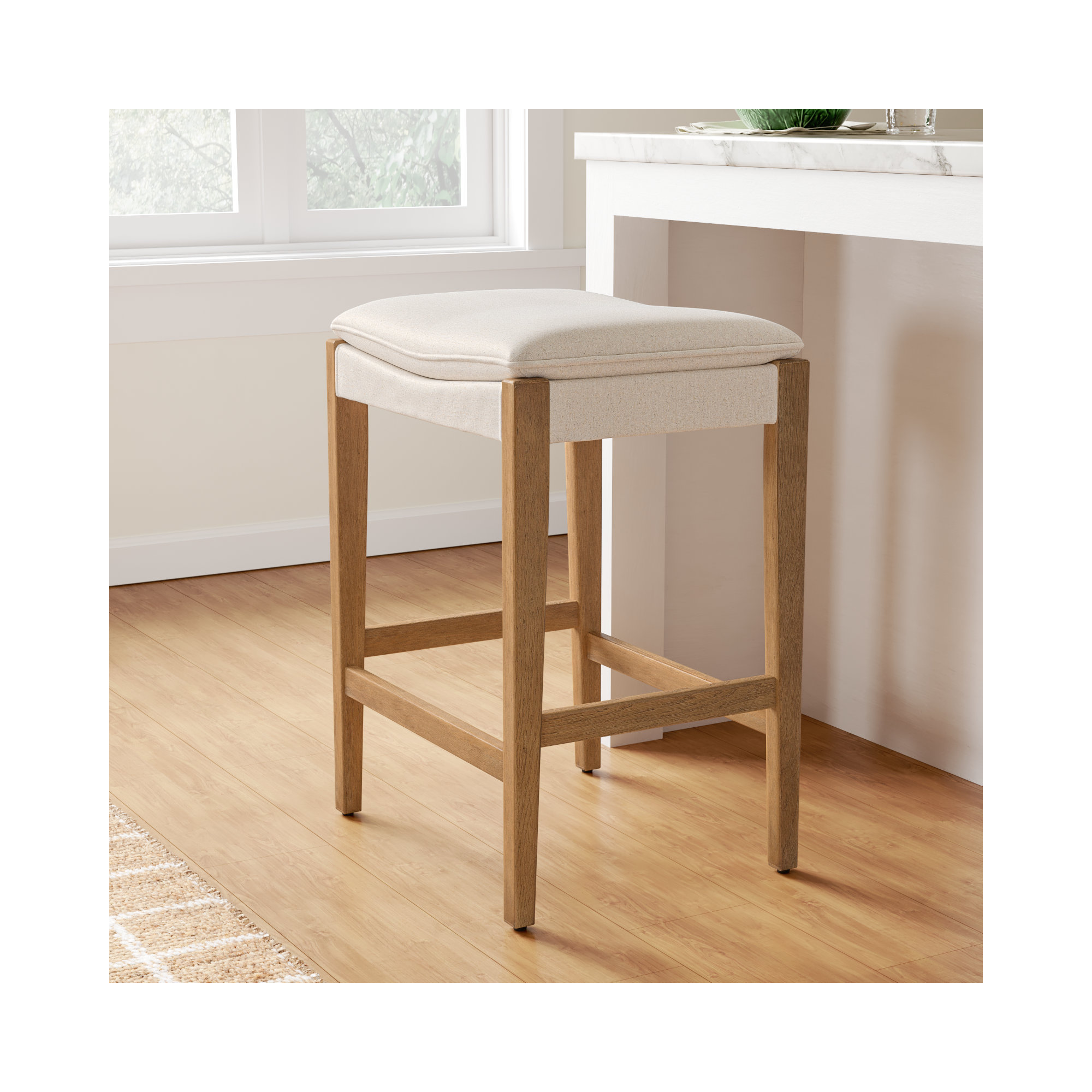 Caricia Leather Stool, Polyester Blend Savile Flax, Counter Stool (26.77" Seat Height)