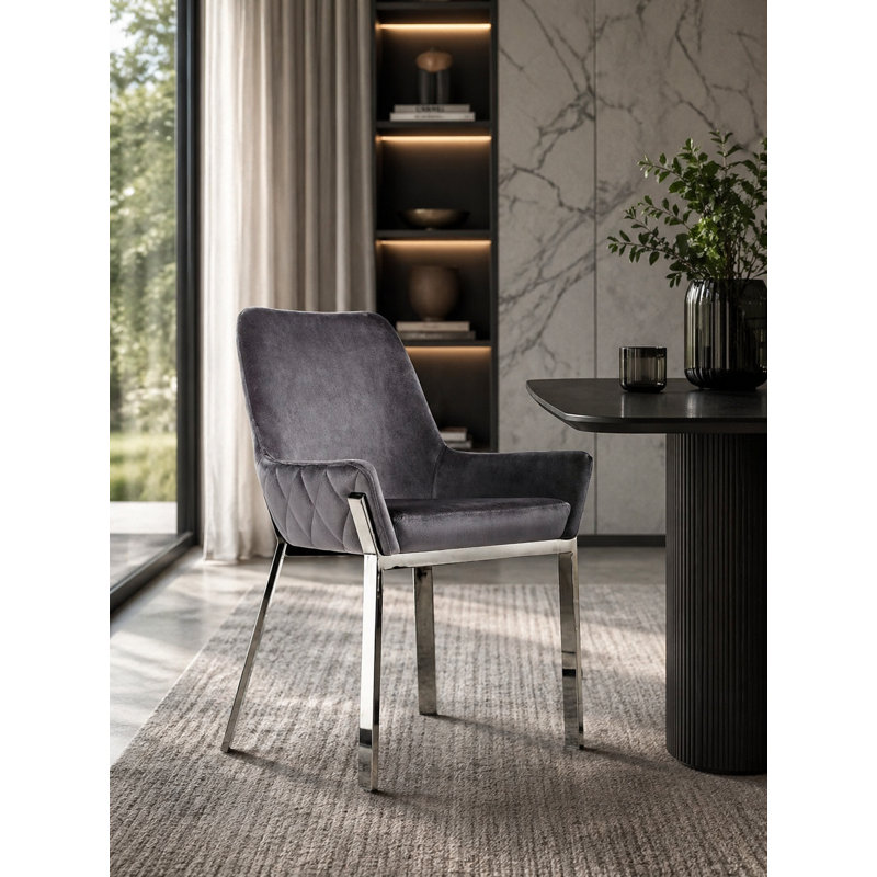    Pangea Home Hudson Tufted Upholstered Arm Chair - Dining Chairs Set of 2 – Modern Upholstered Accent Chairs for Kitchen, Dining Room, Living, or Breakfast - Gray Velvet with Silver Legs
