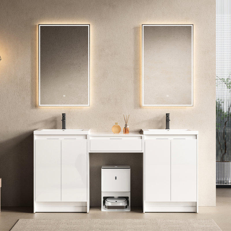 Meuble-lavabo autoportant de 72 po avec lavabo en résine et compartiment de rangement simple, système de porte à fermeture douce, contreplaqué blanc pour un rangement pratique, mécanisme élégant et tendance