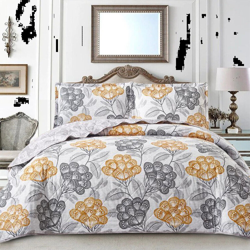 Amala Polyester Floral Bedspread with Pillowcases, Yellow, Super King