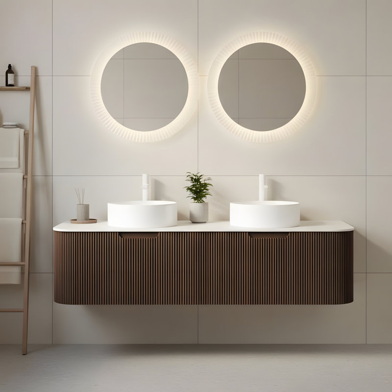 Meuble-lavabo flottant mural 60 po avec 2 lavabos ronds blancs en céramique et 2 tiroirs, 60"