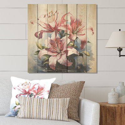 Blooming Pink Lilies Watercolor II - Lily On Wood Print