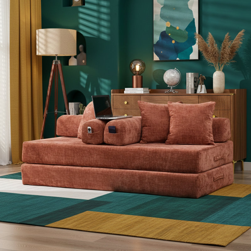  Canapé-lit convertible 79 po avec accoudoirs, matelas en chenille pliable avec support à ressorts et mousse, fauteuil-lit 3 en 1 pour adultes, orange