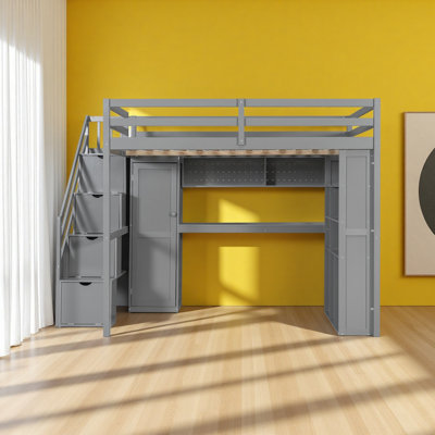 Full Loft Bed Frame With Built-In Wardrobe, Study Desk, Storage Shelves & Lights, Space-Saving Design For Bedroom