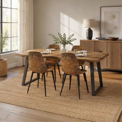 Table de salle à manger de 140 cm (55 pouces) en MDF couleur bois avec 4 chaises modernes, ensemble table et chaises de cuisine style milieu du siècle avec piètement en métal, chaises pour salle à manger