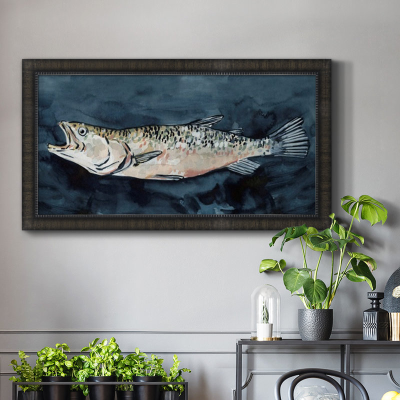 «Hungry Fish I», peinture sur toile à cadre unique, H 29 po x l 53 po x P 1 po