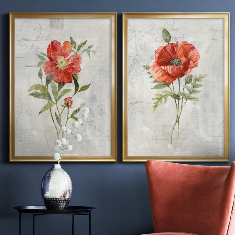 Lin pivoine - ensemble de 2 reproductions d'art, Toile encadrée dorée, Pas de tapis, H 22,5 po x l 61 po x P 1,5 po