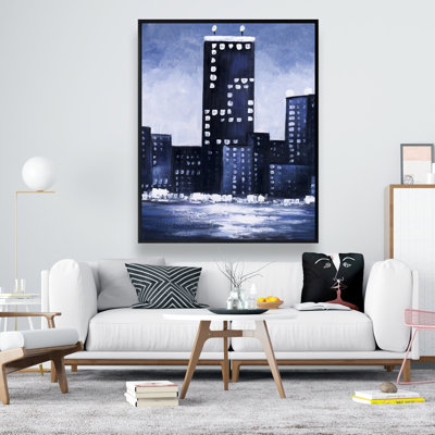 Dark Blue Cityscape - Framed Canvas for Home Decor