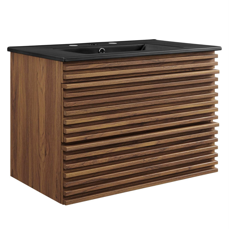 Render 30" Walnut and Black Wall-Mount Bathroom Vanity