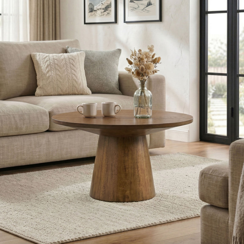 Table basse Astromeritis avec piédestal en forme de cône, Brown Wood, 29" W x 29" D