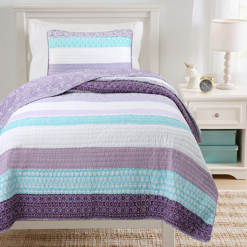 Purple and Teal Cotton Twin Reversible Quilt Set