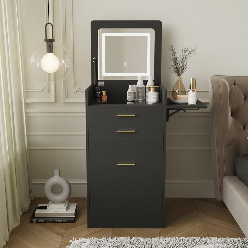 Dressing Table with LED Lighted Mirror, Makeup Vanity Desk with Stool and 2 Drawers, 50CM Desktop Vanity Table, Black