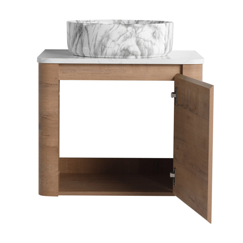 Meuble-lavabo mural de 24 po pour la salle de bain, avec lavabo d'art en céramique, porte à fermeture en douceur, base en contreplaqué rembourré Kd, rebords arrondis, dalle de pierre blanche, salle de bain de construction de 24 po
