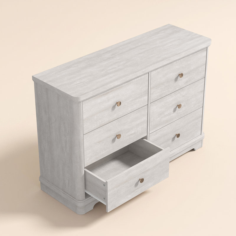 Commode 6 tiroirs avec base sculptée en bois massif Burkhart, Chêne gris cendré