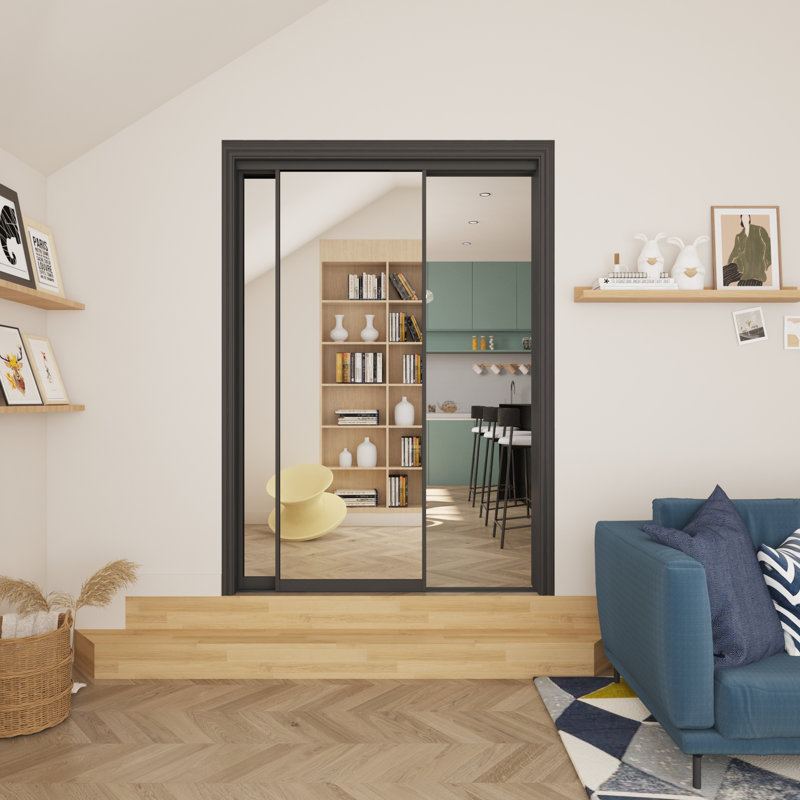  48” x 80" H Black Full-Length Mirror Door Frame Tempered Mirrored Sliding Closet Door With Hardware Kit​, 48" x 80", Mirror