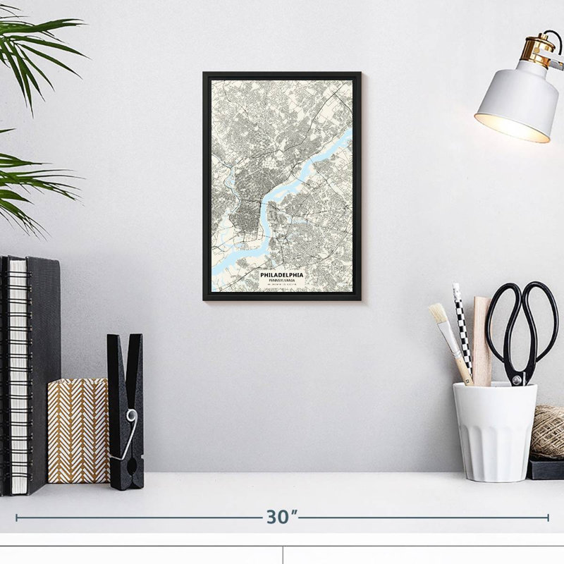 Carte de la ville de Philadelphie, 9 po x 13 po, Cadre flottant noir