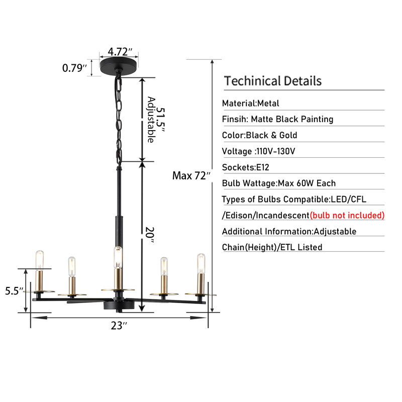 Leslieann 5-Light Modern Farmhouse Chandelier, Black