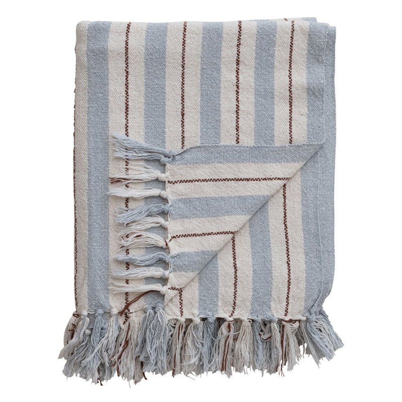 Woven Cotton Blend Striped Throw With Fringe