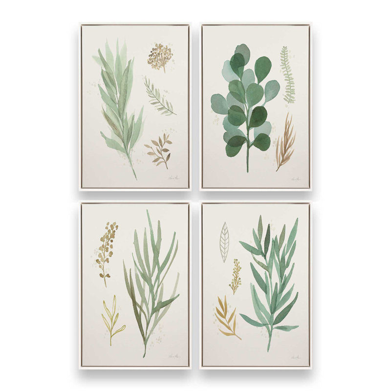 Ensemble de 4 «Earthy Greens in Bloom», H 19 po x l 52 po, Cadre flottant blanc opaque